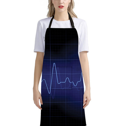 Blue Heartbeat Print Bib Apron With Pocket
