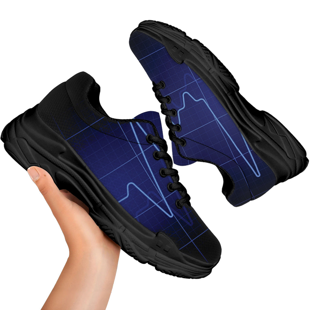 Blue Heartbeat Print Black Chunky Shoes