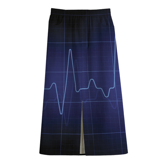 Blue Heartbeat Print Cotton Front Slit Maxi Skirt