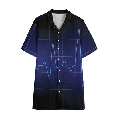 Blue Heartbeat Print Cotton Hawaiian Shirt
