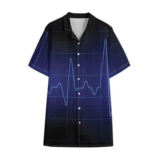 Blue Heartbeat Print Cotton Hawaiian Shirt