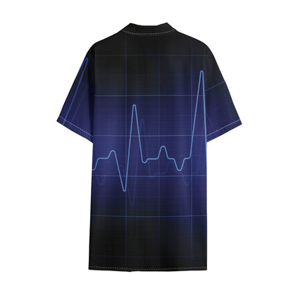 Blue Heartbeat Print Cotton Hawaiian Shirt