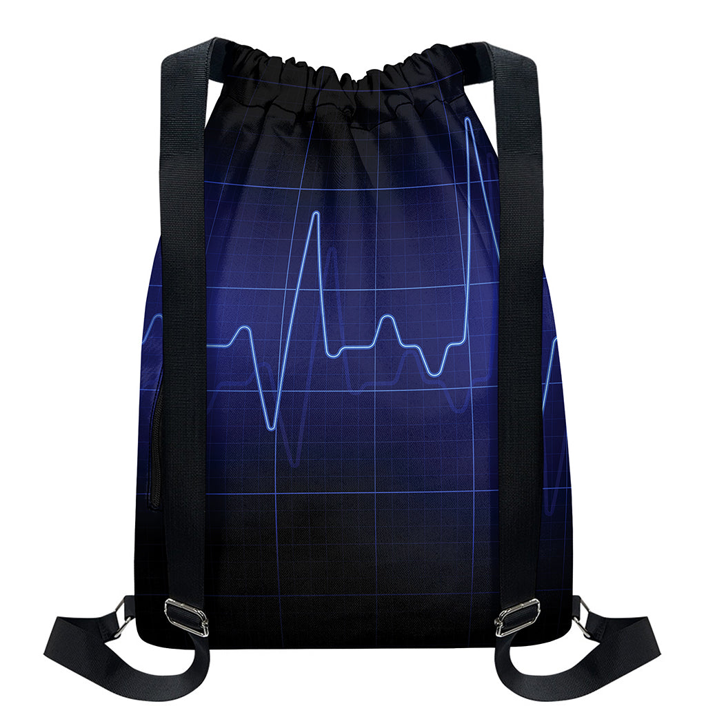 Blue Heartbeat Print Drawstring Backpack