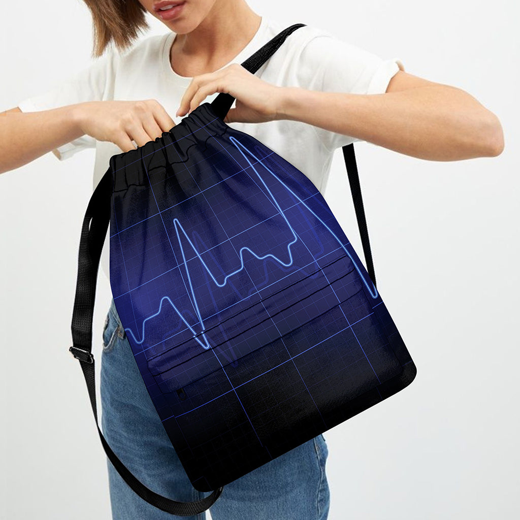 Blue Heartbeat Print Drawstring Backpack