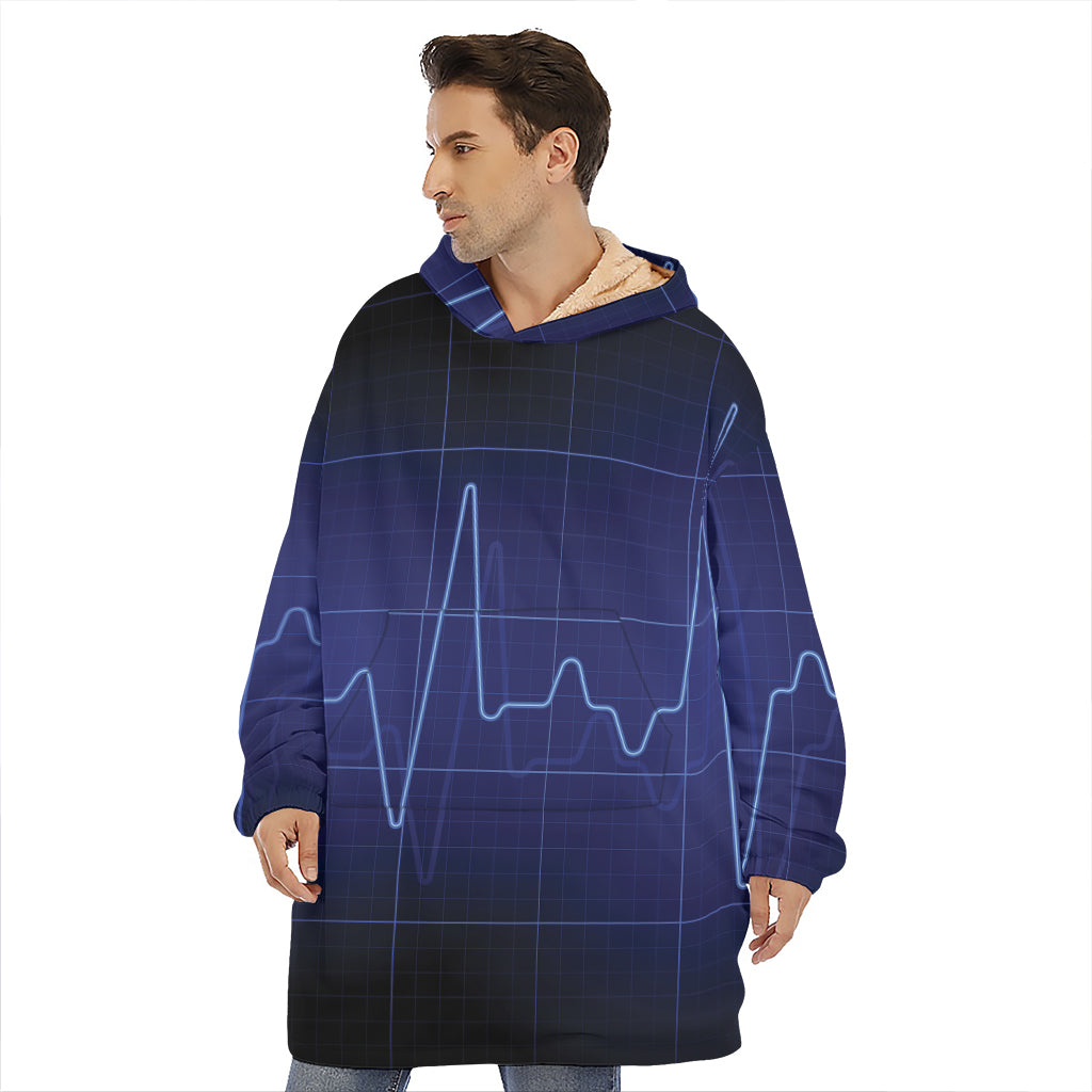 Blue Heartbeat Print Hoodie Blanket