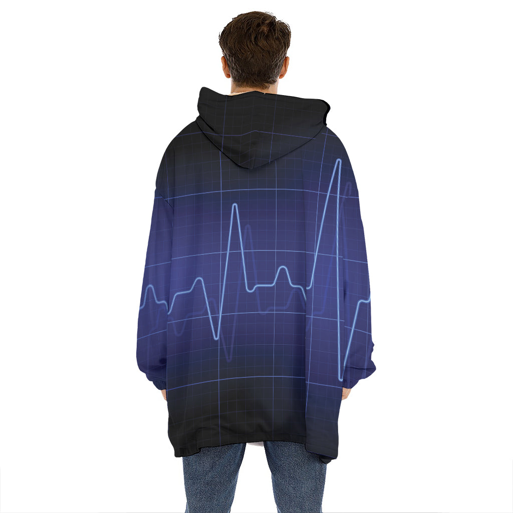 Blue Heartbeat Print Hoodie Blanket