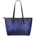 Blue Heartbeat Print Leather Tote Bag With Zipper