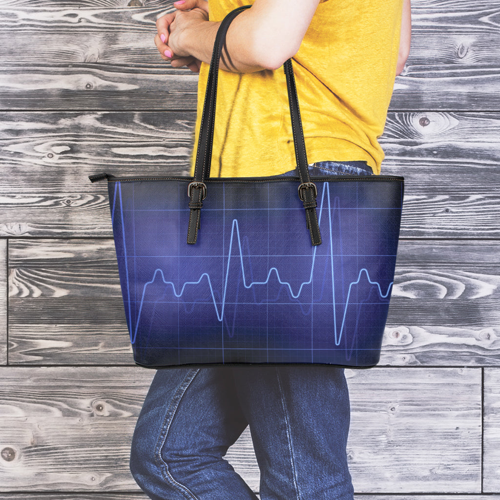 Blue Heartbeat Print Leather Tote Bag