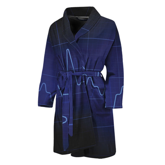 Blue Heartbeat Print Men's Bathrobe