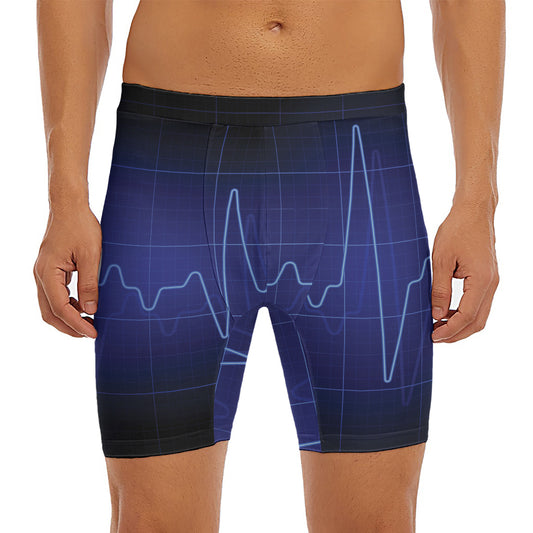 Blue Heartbeat Print Men's Long Boxer Briefs