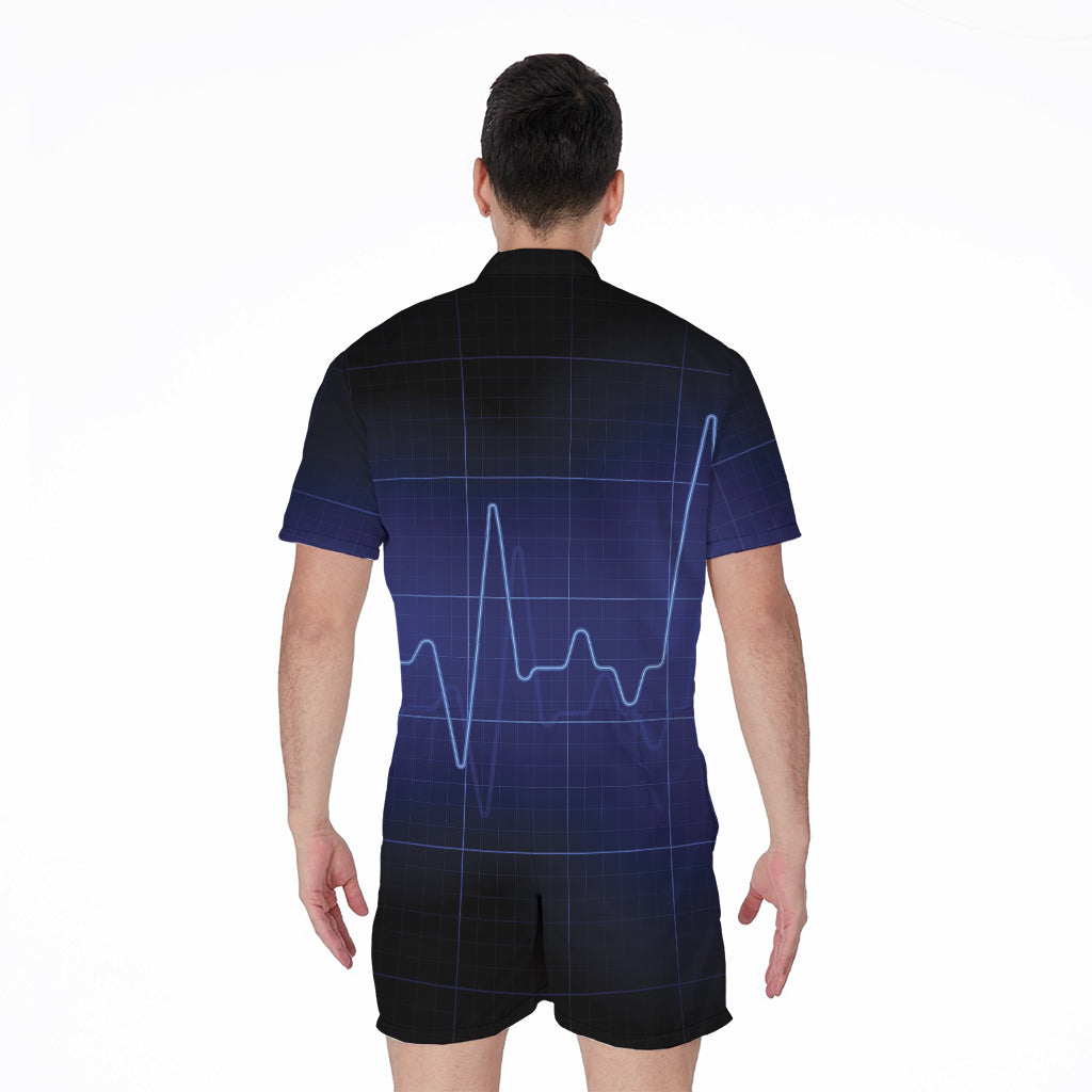 Blue Heartbeat Print Men's Rompers