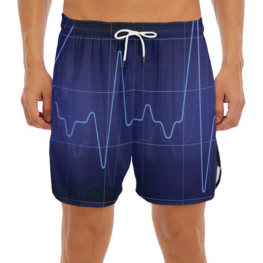 Blue Heartbeat Print Men's Split Running Shorts