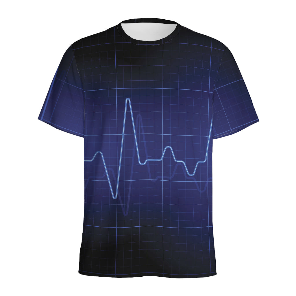 Blue Heartbeat Print Men's Sports T-Shirt