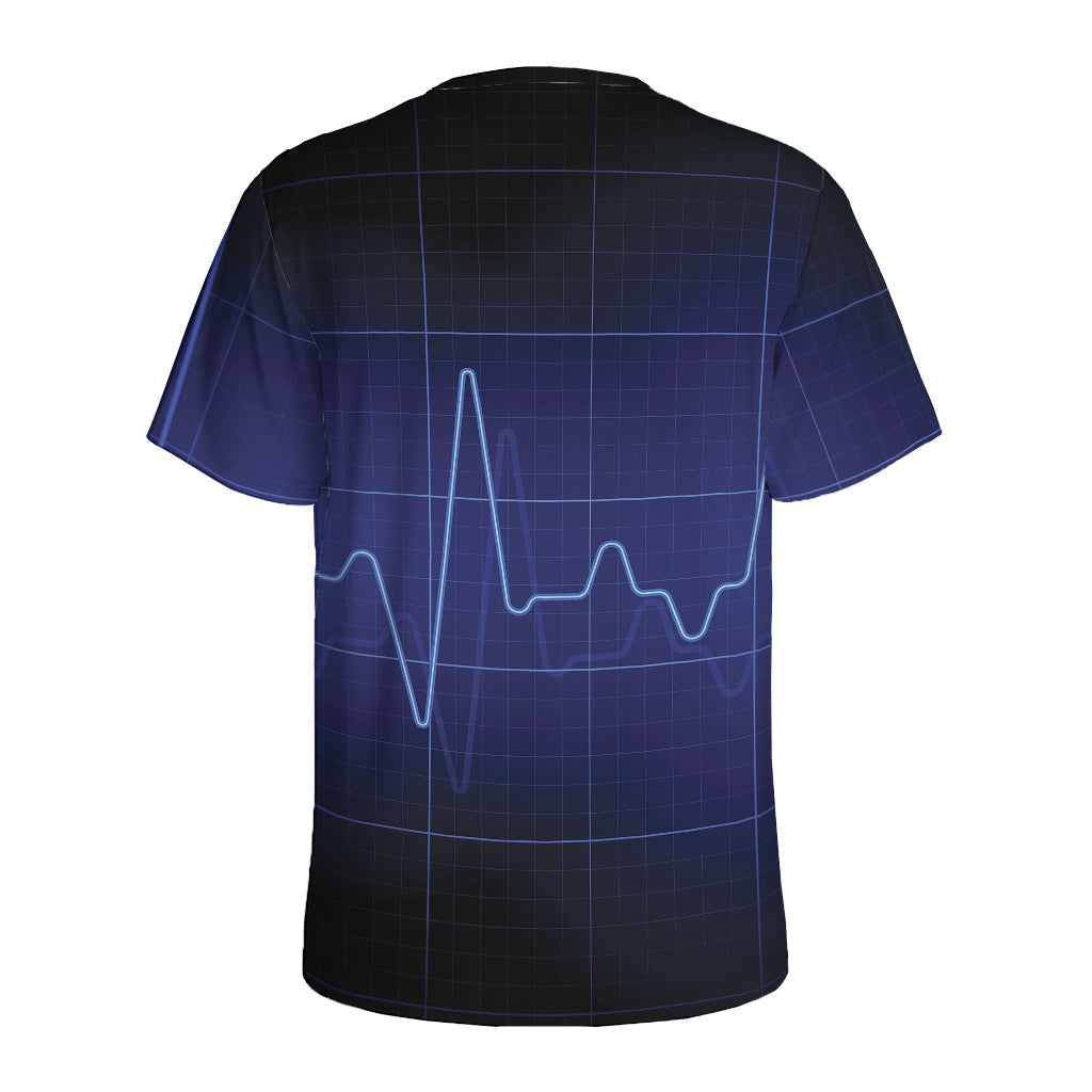 Blue Heartbeat Print Men's Sports T-Shirt