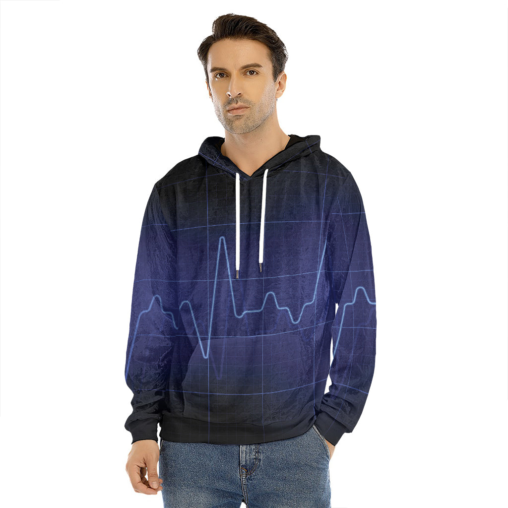 Blue Heartbeat Print Men's Velvet Pullover Hoodie