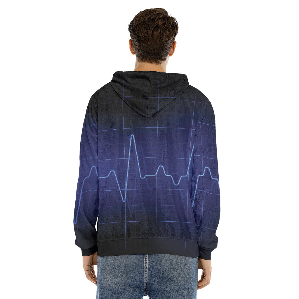 Blue Heartbeat Print Men's Velvet Pullover Hoodie