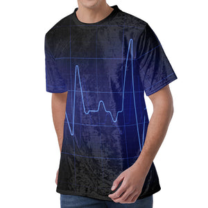 Blue Heartbeat Print Men's Velvet T-Shirt