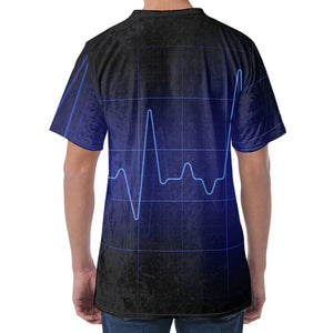 Blue Heartbeat Print Men's Velvet T-Shirt