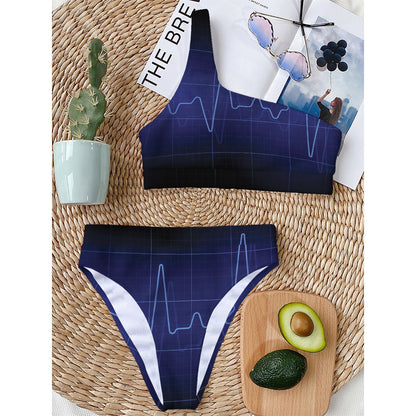 Blue Heartbeat Print One Shoulder Bikini Top