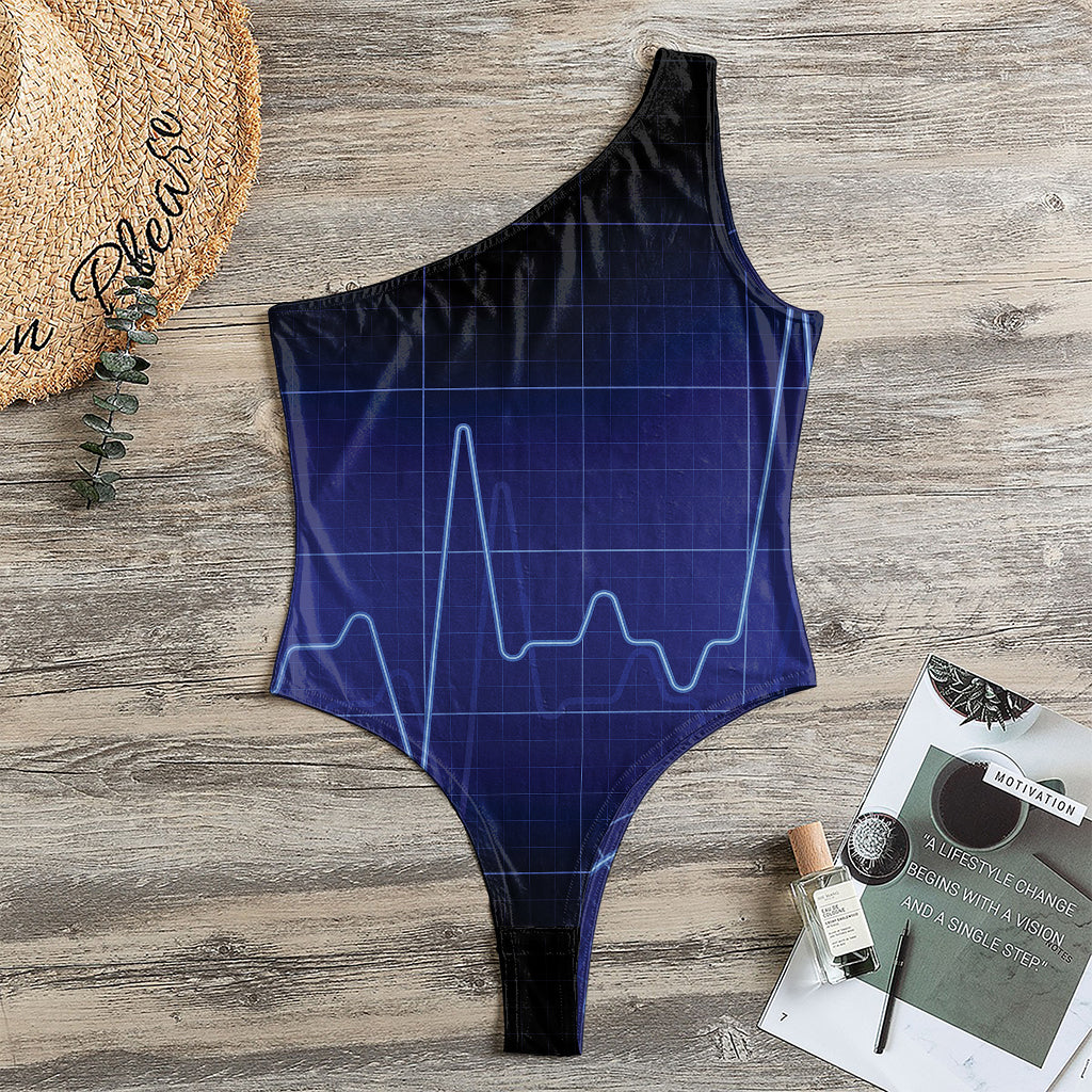 Blue Heartbeat Print One Shoulder Bodysuit
