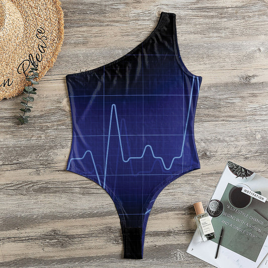 Blue Heartbeat Print One Shoulder Bodysuit