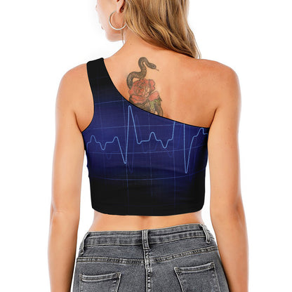 Blue Heartbeat Print One Shoulder Crop Top