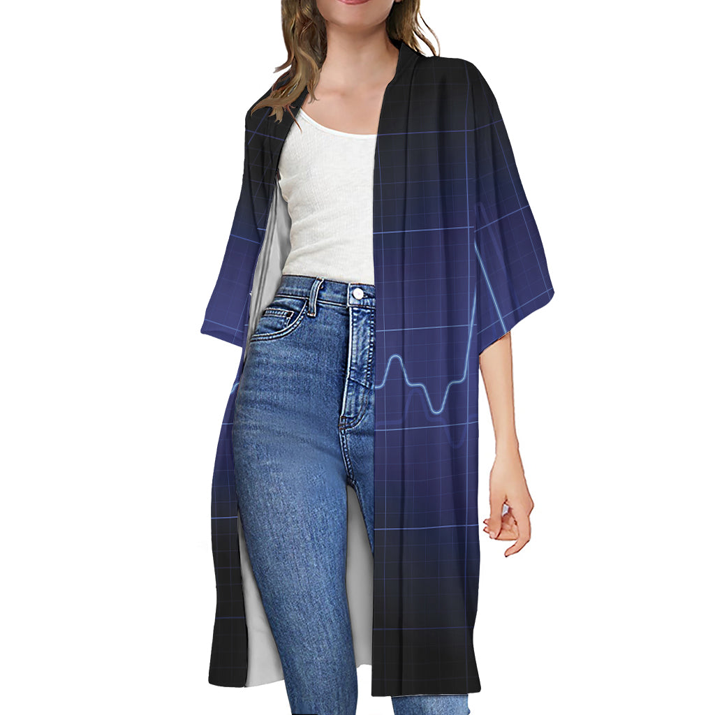 Blue Heartbeat Print Open Front Beach Cover Up