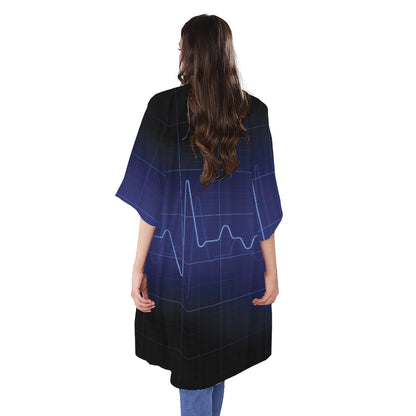 Blue Heartbeat Print Open Front Beach Cover Up