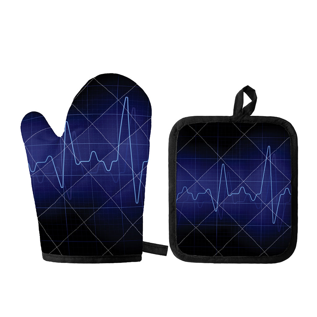Blue Heartbeat Print Oven Mitt And Pot Holder Set