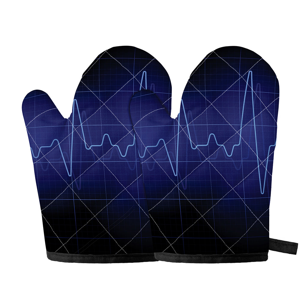 Blue Heartbeat Print Oven Mitts