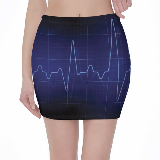 Blue Heartbeat Print Pencil Mini Skirt