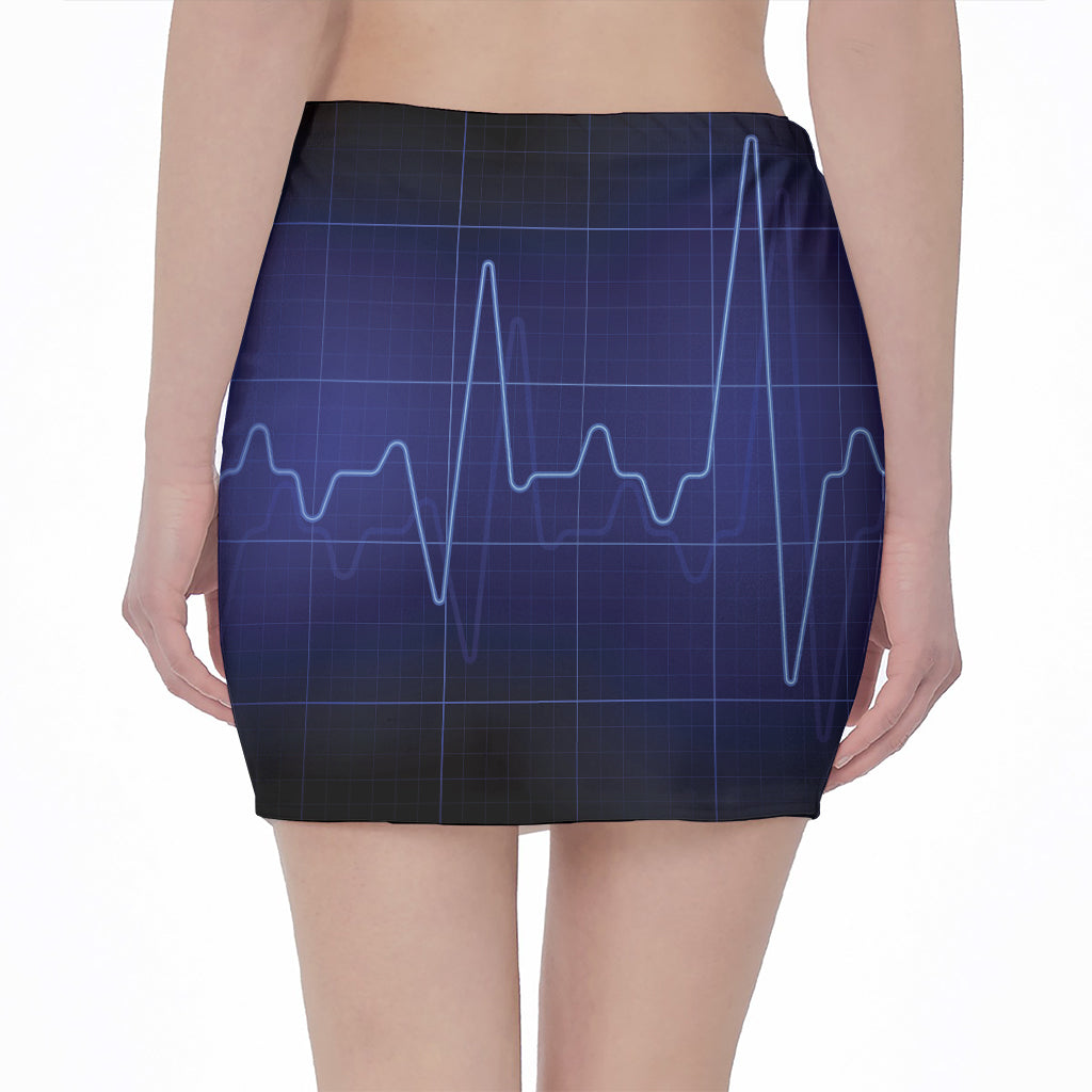 Blue Heartbeat Print Pencil Mini Skirt