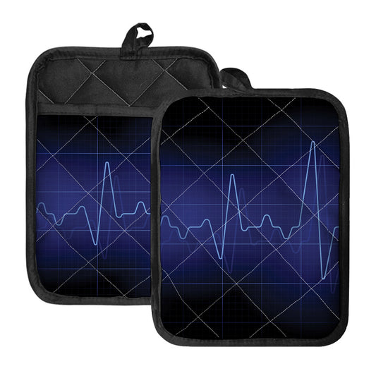 Blue Heartbeat Print Pot Holders With Pocket