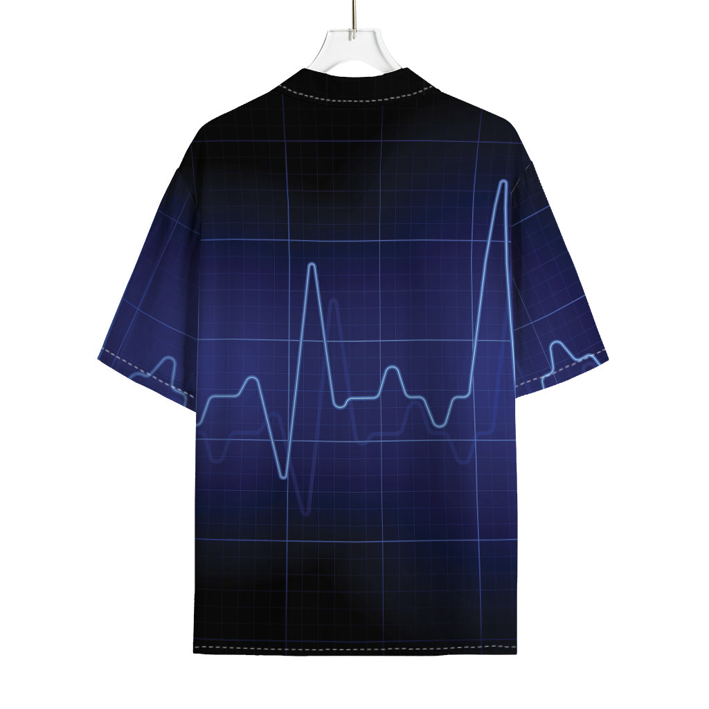 Blue Heartbeat Print Rayon Hawaiian Shirt