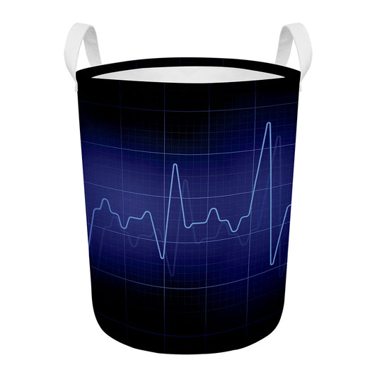 Blue Heartbeat Print Round Laundry Basket