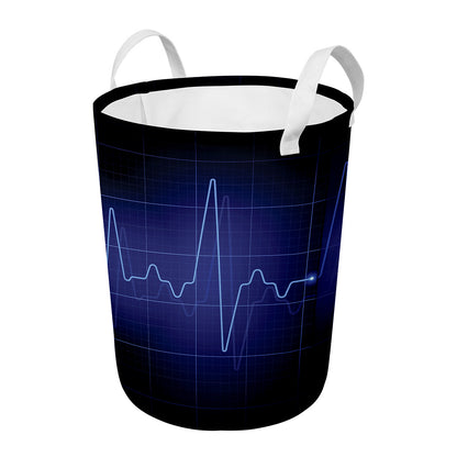 Blue Heartbeat Print Round Laundry Basket