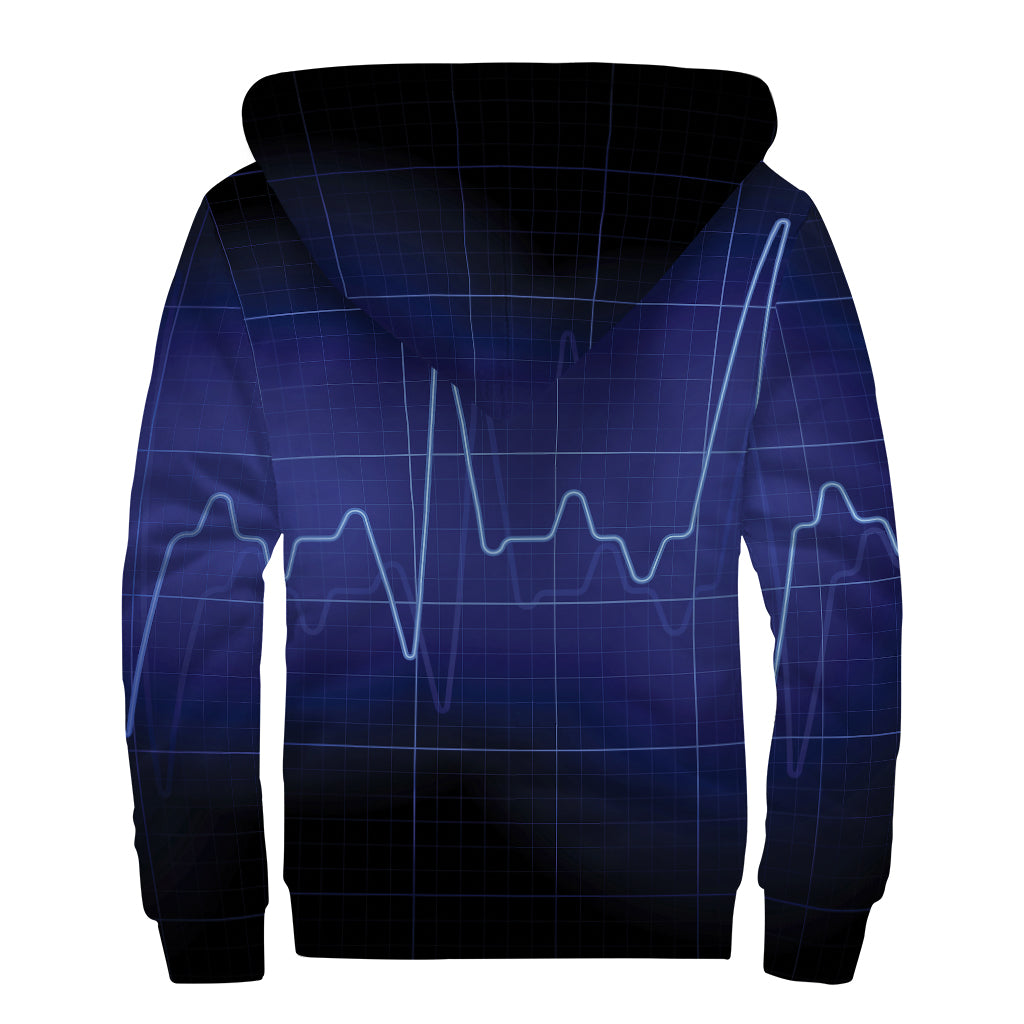 Blue Heartbeat Print Sherpa Lined Zip Up Hoodie