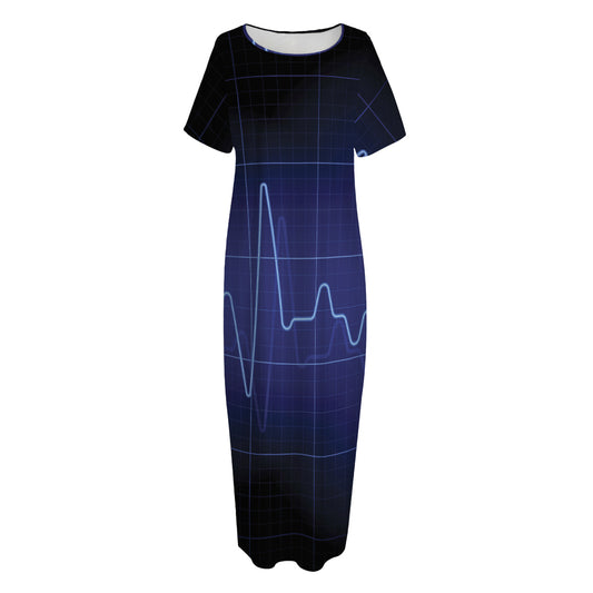 Blue Heartbeat Print Short Sleeve Long Nightdress