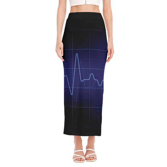 Blue Heartbeat Print Side Slit Maxi Skirt
