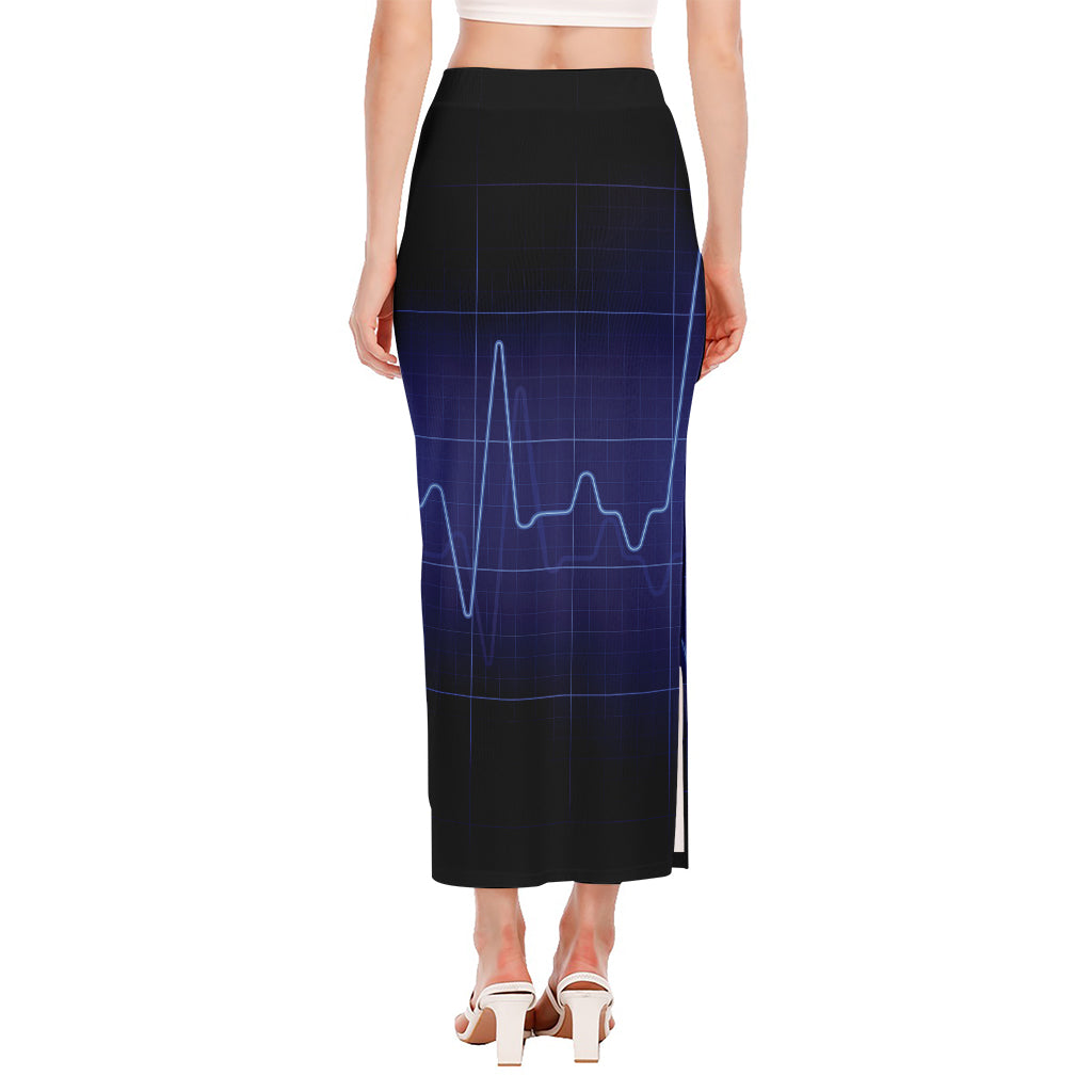 Blue Heartbeat Print Side Slit Maxi Skirt