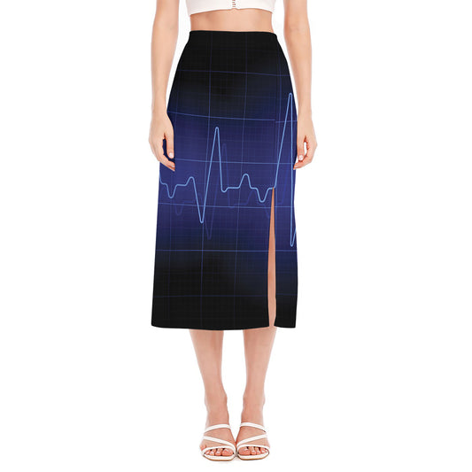 Blue Heartbeat Print Side Slit Midi Skirt