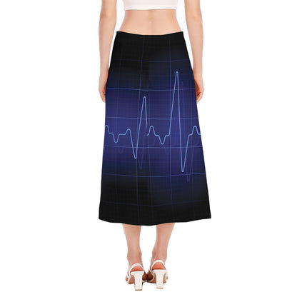Blue Heartbeat Print Side Slit Midi Skirt