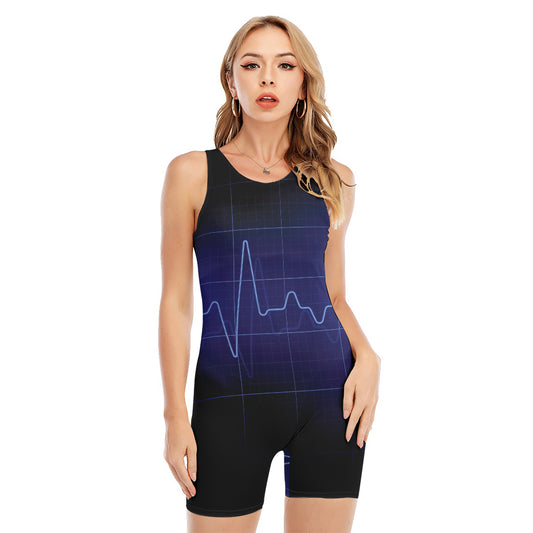 Blue Heartbeat Print Sleeveless One Piece Swimsuit
