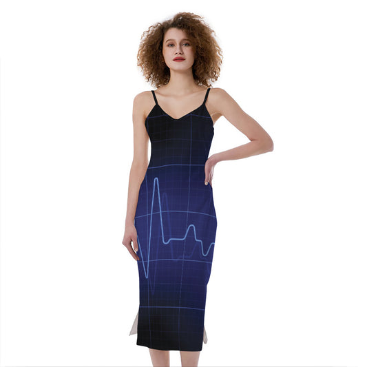 Blue Heartbeat Print Slim Fit Midi Cami Dress
