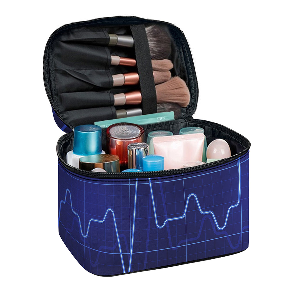 Blue Heartbeat Print Travel Makeup Bag