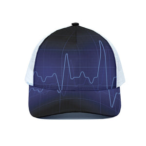 Blue Heartbeat Print White Mesh Trucker Cap