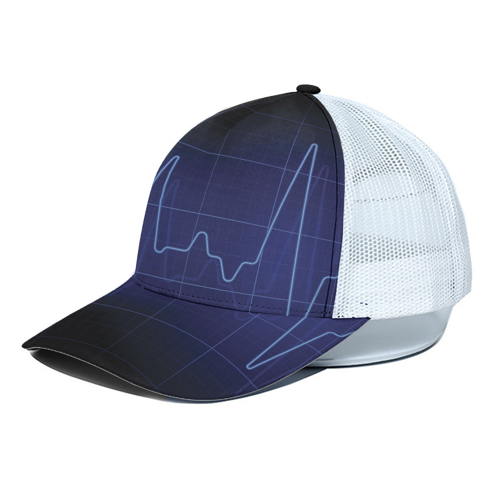 Blue Heartbeat Print White Mesh Trucker Cap