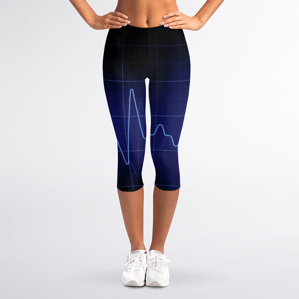 Blue Heartbeat Print Women's Capri Leggings