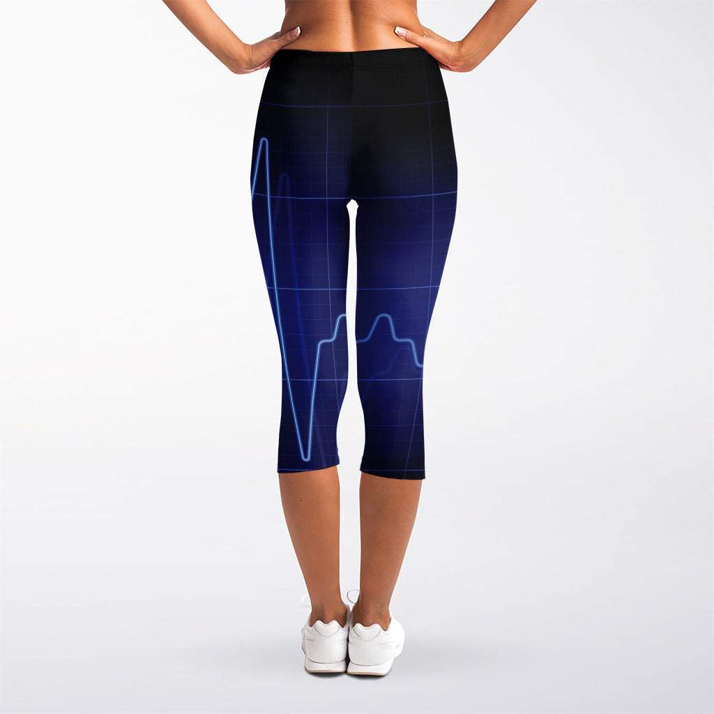 Blue Heartbeat Print Women's Capri Leggings