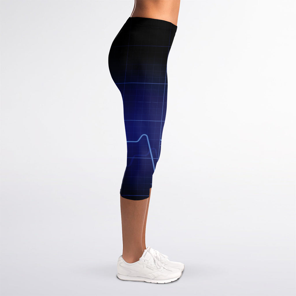 Blue Heartbeat Print Women's Capri Leggings